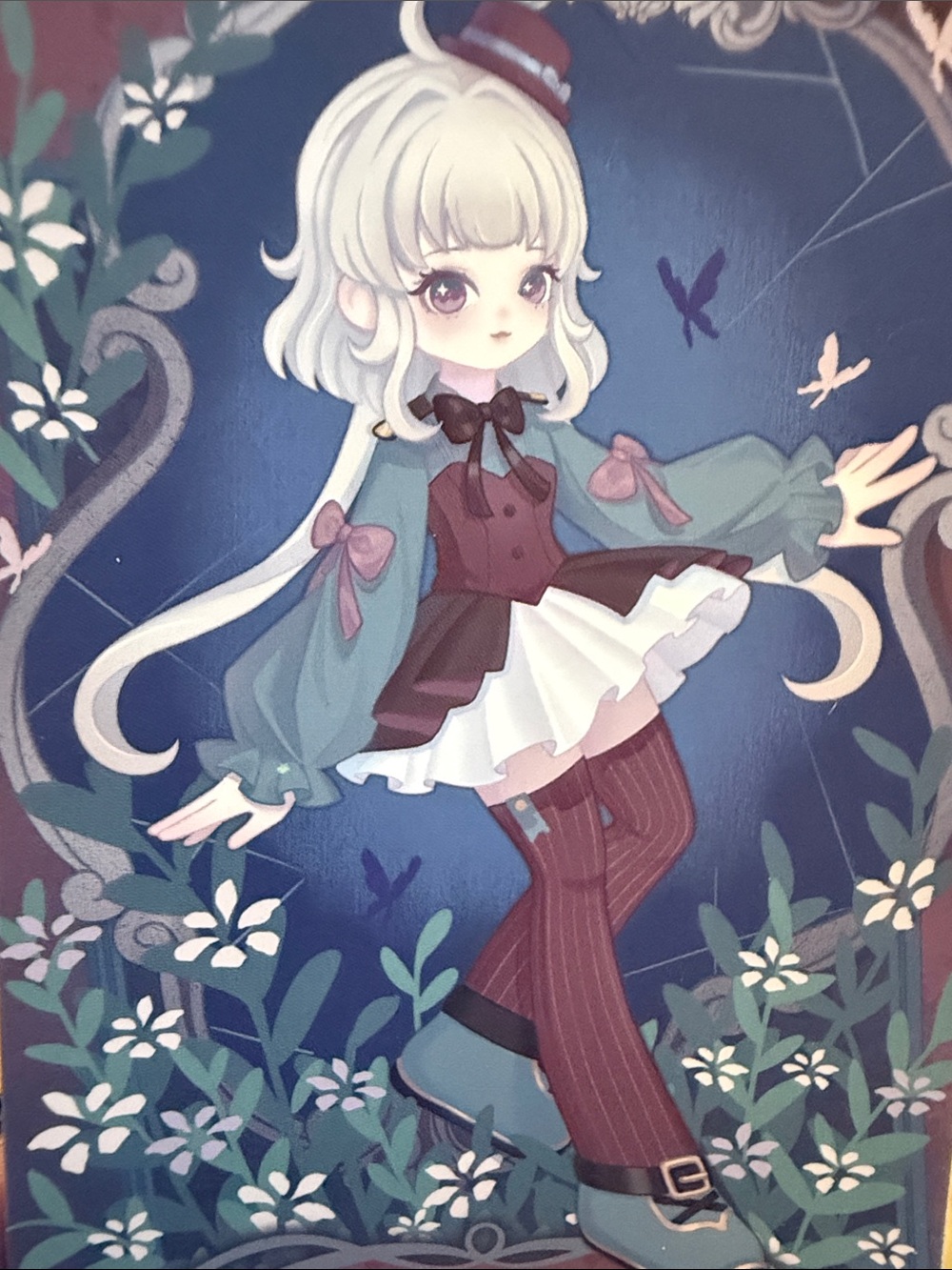 Cute Doll Art Print – Teal, Burgundy & White Illustration Misya